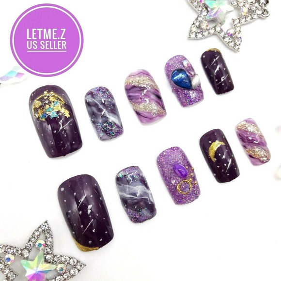 Press on Nails Glue On Galaxy Stars Purple Marble